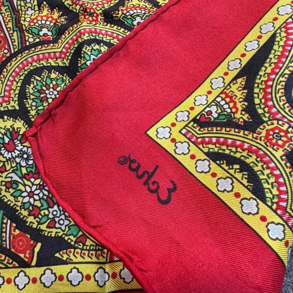 Vintage Echo Silk Scarf Red Border Paisley Square Hand Rolled Wrap Cottagecore